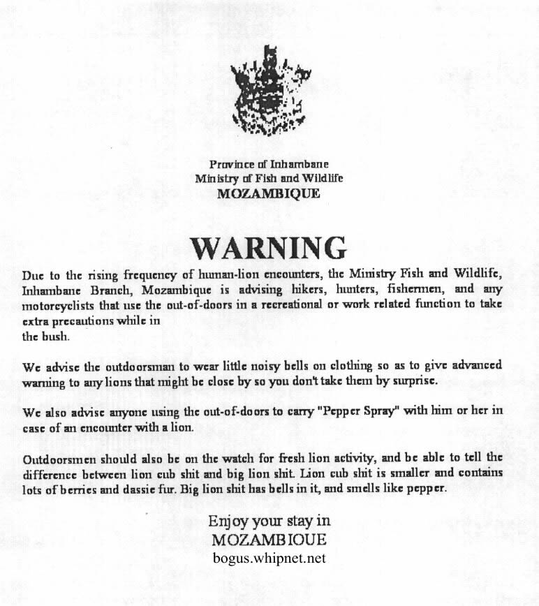 mozambioue lion warning, priceless lions